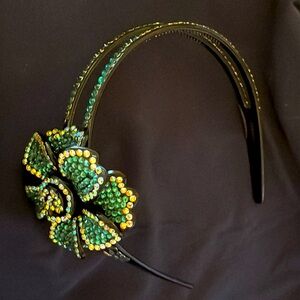 Rhinestone flower Headband vintage black plastic with teal and clear stones